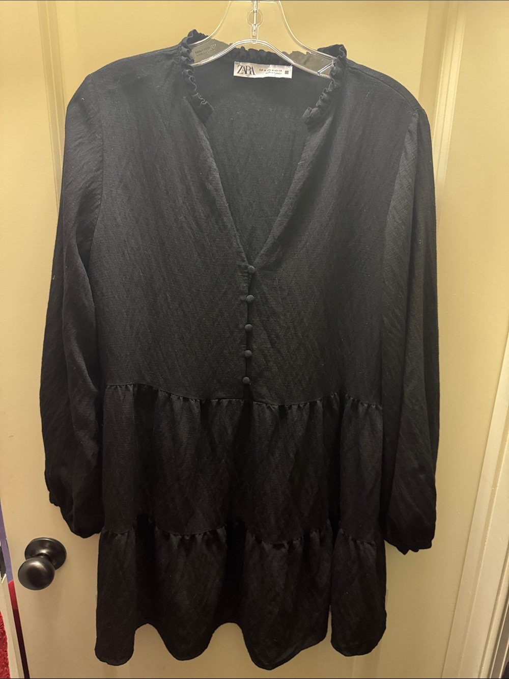 Zara Black V-Neck Tiered Tunic with Fabric Buttons